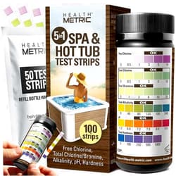 Health Metric Spa and Hot Tub Test Strips - 100 ct - 5 Way Chemical Testing Strip Kit Tester for Chlorine & Bromine Spas & Tubs - Calibrated for Warm Water to Maximize Accuracy - FC TC/TB Alkalinity pH & Hardness