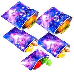 Zonon 5 Pieces Reusable Sandwich and Snack Bags Safe, Snack Bags with Zipper for Store Preserves, Snacks and Sandwiches, with 2 Large 2 Medium and 1 Small Bags (Galaxy Loop Pattern)