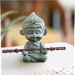 Qi Ming Wen Fang Cute Monkey King Paper Weight Statue, Chinese calligraphy Sumi Brush Rest, Weighted Ruler, Pen Holder, Tea Pet, Green Sandstone Sun Wukong Sculpture Aquarium Landscape Decor Tea Table Accessories
