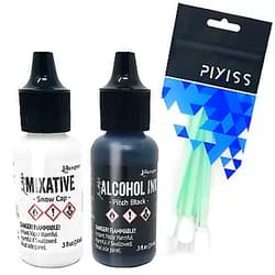 GrandProducts Art Bundles Black and White Alcohol Ink Set | Tim Holtz Ranger .5oz Snow Cap and Pitch Black Alcohol Ink with Pixiss Alcohol Ink Blending Tools