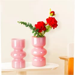 Bfttlity Glass Vases for Flowers Clear Glass Vase 7 Inches Hydroponic Vase Three-Layer Glass Flower Vases Modern Geometric Glass Vases for Living Room Office Wedding Table Decor 2 Pack (Pink)