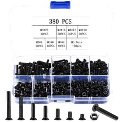 Xujinsongg M3 Flat Head Machine Screws and Hex Nuts Kit, 380 Pcs Black Countersunk Head Phillips Screws Bolts Nuts Assortment Kit - M3 x 4mm/ 6mm/ 8mm/ 10mm/ 12mm/ 16mm/ 20mm