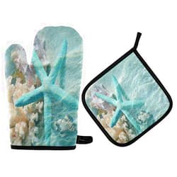 Exnundod Seashell Starfish Coastal Oven Mitts & Pot Holders Set Kitchen Decor Summer Beach Sea Water Heat Resistant Gloves and PotHolders Pad 2Pcs Recycled Microwave Gloves for Baking Cooking Grilling BBQ HOM