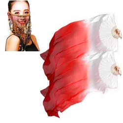 SNOWAQUA Belly Dance Real Silk Veil Fans With Chiffon Sequined Veil, 1 Pair (Left+Right) 180 * 90cm Long Silk Fans Veils