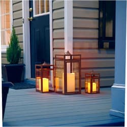 Pebble Lane Living Indoor & Outdoor Hanging Bristle Candle Lanterns, Powder Coated Frame & Tempered Glass Panes, Brown, Assorted Set of 3