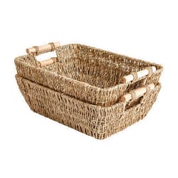 StorageWorks Hand-Woven Large Storage Baskets with Wooden Handles, Seagrass Wicker Baskets for Organizing, 2-Pack