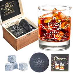 AOZITA Retirement Gifts for Men Whiskey Glass Set - The Legend Has Retired 2025 - Retirement Party Decorations, Supplies - Gifts Ideas for Him, Dad, Husband, Friends - Wood Box & Whiskey Stones & Coaster