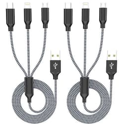 IDISON Multi Charging Cord 4FT 2Pack Multiple Charger Cable Fast 3 in 1 Nylon Braided Apple MFi Certified USB Type C Micro Lightning Connectors for Cell Phones and More Black Grey