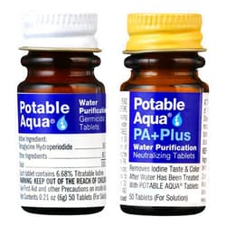 Potable Aqua Water Purification Tablets with PA Plus, Portable and Effective Solution for Camping, Hiking, Emergencies, Natural Disasters and International Travel, Two 50ct Bottles