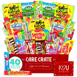 The Care Crate Co. Valentine's Day Candy Snack Box (40 Full Size Variety Gift Basket Care Package) M&Ms, Starburst, Swedish Fish, Skittles & More - The Care Crate Co.