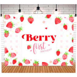 JINSHUN-US Pink Gingham Berry First Birthday Backdrop Berry Sweet Girls 1st Birthday Cake Table Banner Strawberry First Birthday Background 7×5 FeetVinyl Photo Studio Props