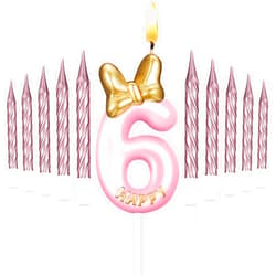 BBTO Number 6 Birthday Candle Pink Birthday Candle Girl with 10 Pieces Pink Candles Long Thin Cupcake Candles in Holders for Cake Topper Birthday Baking Decor Supplies