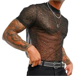Evankin Mens Sexy Glitter Shirt Top See Through Lace Short Sleeve T-Shirt Sheer Mesh Undershirts to Show Muscle