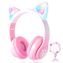 KORABA Cat Ear Kids Headphones Bluetooth, LED Light up Wireless/Wired Mode Over Ear Headphones with Build in Microphone for School/Travel (Pink)