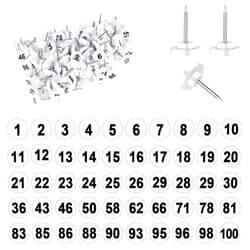 Psyqtsuary 100 PCS Numbered Push Pin Tacks, 1-100 Sequential Pins Thumb Tacks Flat Tacks Push Pins with Numbers, Plastic Head Map Pins with Steel Point Push Pins Thumbtacks for Maps Photo Poster, White