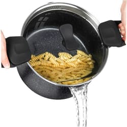 MICHELANGELO Pasta Pot with Strainer Lid, 6 Quart Cooking Pot with Twist and Lock Handles, Soup Pot with Nonstick Granite Coating, Spaghetti Pot Induction Compatible, Black
