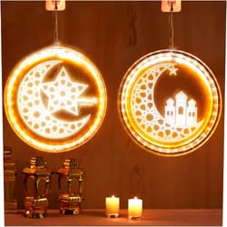 Dazzle Bright 2 Pack Eid Ramadan Decorations Window Lights, 8 Inch Battery Operated 3D Moon and Star Hanging Lights, Islamic Muslim Style Decoration for Outdoor Indoor Bedroom Party Decor