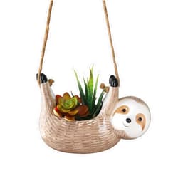 ABETREE Ceramic Smiling Sloth Hanging Planter Cute Flower Pot for Indoor Plants Succulent Plant Hanger Holder with Jute Rope Desk Planter Home Decor