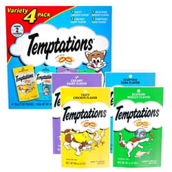 TEMPTATIONS Classic Crunchy and Soft Cat Treats Feline Favorite Variety Pack, 3 oz. Pouches,4 Count