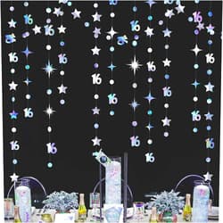 Pinkblume Iridescent Number 16 Circle Dot Twinkle Star Garland Kit Metallic Hanging Streamer Bunting Banner Backdrop Decorations for Girls 16th Birthday Sweet Sixteen Wedding Anniversary Bridal Shower Party