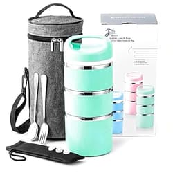 Lille Home Stackable Stainless Steel Thermal Compartment Lunch/Snack Box, 3-Tier Insulated Bento/Food Container with Lunch Bag, Cutlery Set and Three Extra Seals, 43OZ