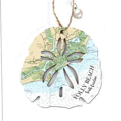 MapMom Ornament |Folly Beach, SC Sand Dollar Map Ornament| 4” Wood Hanging Map Ornament with Artwork & Pearl Charm | Perfect for Wine Bottles, Gift Bags, or Christmas Tree | Unique Gift for any Occasion