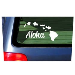 Stickermatic Aloha with Hawaii Island Chain Decal Sticker - White Vinyl Window Hawaiian Islands