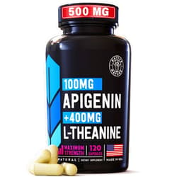 Native Nature Apigenin with L Theanine supplement - 500mg - Apigenin Supplement for Sleep, Relaxation & Mood - Powerful Bioflavonoid & Antioxidants Found in Chamomile Tea - 120 Vegan caps. NON- GMO. Made in USA