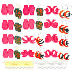 JHYlilia 12 Pairs Halloween Earring Resin Silicone Molds, Halloween Coffin Pumpkin Bat Witch Ghost Dangle Molds with 160Pcs Earring Hook Jump Ring for Epoxy Resin Casting Jewelry Making DIY Craft