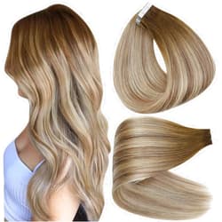 Full Shine Tape In Real Hair Extensions 18Inch Color 3 Fading to 8 Highlighted 22 Blonde Balayage Seamless Tape In Extensions Human Hair 50G Remy Hair Extensions Tape ins Straight 20Pcs for Wedding