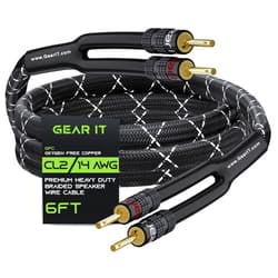 GearIT 14AWG Premium Heavy Duty Braided Speaker Wire Cable (6 Feet) Dual Gold Plated Banana Plug Tips - in-Wall CL2 - Oxygen-Free Copper (OFC) Black