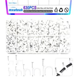 mxuteuk 630PCS Cable Clips with Steel Nails,4/5/6/8/10mm Round and 5/6mm Square White Cable Wire Clips,Wall Clips for Cords,Cable Cord Clips for RG6 RG59 CAT6 RJ45