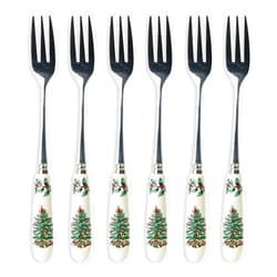 Portmeirion Christmas Tree Pastry Forks (Set of 6), Stainless Steel Forks with Porcelain Handles for Holiday Meals, 6-Inch Festive Christmas Flatware - Seasonal Tableware & Silverware Gift Set