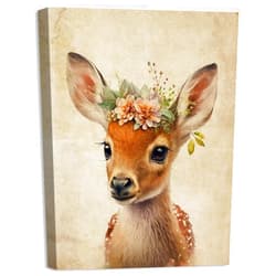 Baby Plum Canvas Wall Art Cute Sika Deer Wearing a Wreath Prints on Canvas Wall Decoration Jungle Nursery Animal Print Picture for Bedroom Bathroom and Kitchen Stretched and Framed, Ready to Hang
