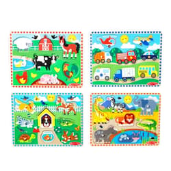 Melissa & Doug Wooden Peg Puzzle Set – 4-Pack Vehicle, Farm, Safari & Pet Animal Themes – Educational Puzzles for Toddlers and Preschoolers Ages 2+