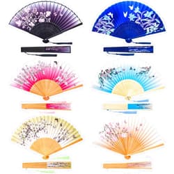Barydat 6 Pieces Folding Fans Chinese Style Bamboo Handheld Fans Vintage Silk Fabric Holding Fan Foldable for Wedding Dancing Cosplay Party Wall Decoration (Vivid Style)