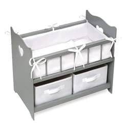 Badger Basket Wooden Doll Crib with Bedding & Storage - Pretend Play Nursery Bed for Dolls with Fabric Liner Blanket, Pillow, and Name Kit - Play Set for Girls Age 3+ - Gray