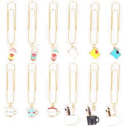 OLYCRAFT 12Pcs Golden Long Planner Clips Coffee Milk Tea Cups Pen Paper Clips Set Alloy Enamel Cup Pendant Paper Clip Bookmarks Book Clips Tool for Office Organization Notebook Scrapbooks Accessories