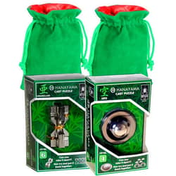 Deluxe Games and Puzzles Hourglass and UFO Hanayama Puzzles with Green Velveteen/Red Satin Drawstring Pouches, Bundled
