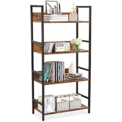 VANSPACE Bookshelf 4 Tier Industrial Bookcase Rustic Wood and Metal Standing Bookshelf with Back Panel Book Shelf for Bedroom, Home Office Storage Rack Shelf, Rustic Brown