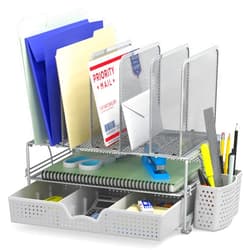 Simple Houseware Mesh Desk Organizer with Sliding Drawer, Double Tray and 5 Upright Sections, Silver