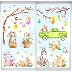 JarThenaAMCS 6 Sheets Easter Window Clings Watercolor Easter Bunny Eggs Tree Window Decals Double-Sided Seasonal Spring Window Decor for Home Office School Shop Glass Display