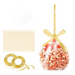 MGWOTH Candy Apple Bags and Sticks Set of 50, Caramel Apple Wrapping Kit with Bamboo Skewer for Rice Krispie Treat, Fruit Pop Golden Glitter Ribbon Wrapper for Party Birthday Wedding Christmas Dessert