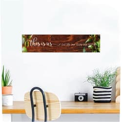 Homsuita Inspirational Wood Wall Sign This Is Us Our Life Our Story Our Home Hanging Wood Plaque Sign Quote Retro with Inspirational Sayings Artwork Decoration Signs for Shelf Front Door 4x18 Inch