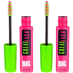 Maybelline Great Lash BIG Washable Mascara, Volumizing, Thickening, Lengthening Mascara, Brownish Black, 2 Count