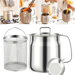 GADO 68oz 304 Stainless Steel Deep Fryer Pot with Basket & Strainer, Large Capacity Bacon Grease Container for Kitchen,Frying, Cooking, Camping,Oil Filter Container - Dishwasher Safe (68oz/2L/2.1Qt)
