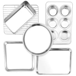 P&P CHEF 6-Piece Small Toaster Oven Pan Set, Stainless Steel Bakeware Set, Toaster Oven Tray with Rack, Square/Round Cake Pan, Loaf Pan & Muffin Pan, Non Toxic & Easy Clean