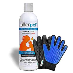 Allerpet Cat Dander Remover w/Free Pair of Grooming Gloves - Effective Cat Allergy Relief, Anti Allergen Solution Made in USA - (12oz)