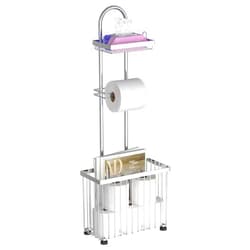 X-cosrack Freestanding Toilet Paper Holder Toilet Tissue Rack Scroll Stand Roll Dispenser with Storage Shelf Reserve for Phone Tablet Magazine Bathroom Organizer Bath Tissue Organizer (Silver)