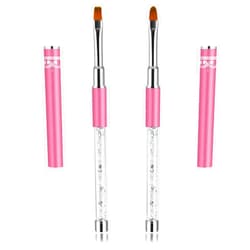 Hariendny 2Pcs Oval & Flat Gel Nail Brush Set Rhinestone Handle Nail Art Design Brushes Nail Drawing Pen Nail Art Clean Up Brushes Gel Brushes for Nails (Pink)